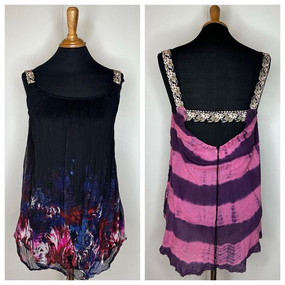 Free People RARE Womens XS MixedMedia Sheer Keyhole Back Tank Top Witchcore READ - Picture 1 of 12